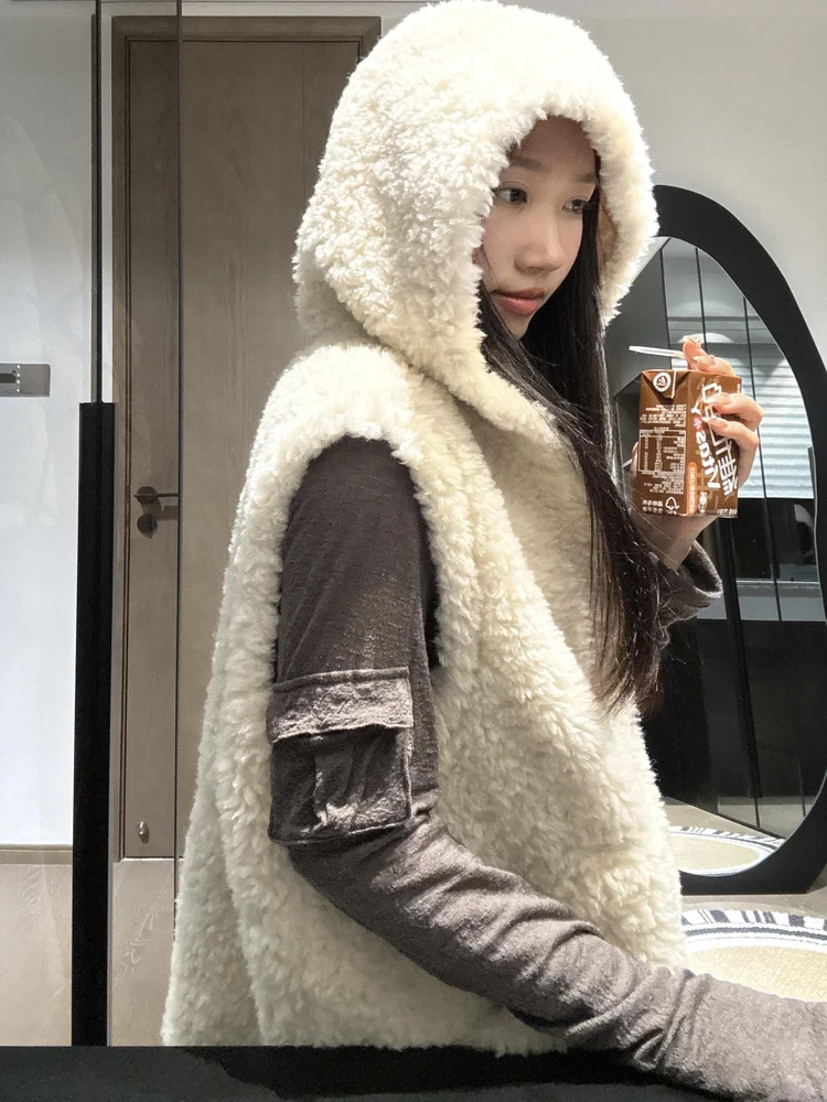 

American Sle Retro Faion Lamb Fur Hooded Vest Women's ort Outerwear oulder Pad Top Trendy Commute Sle Pure Color