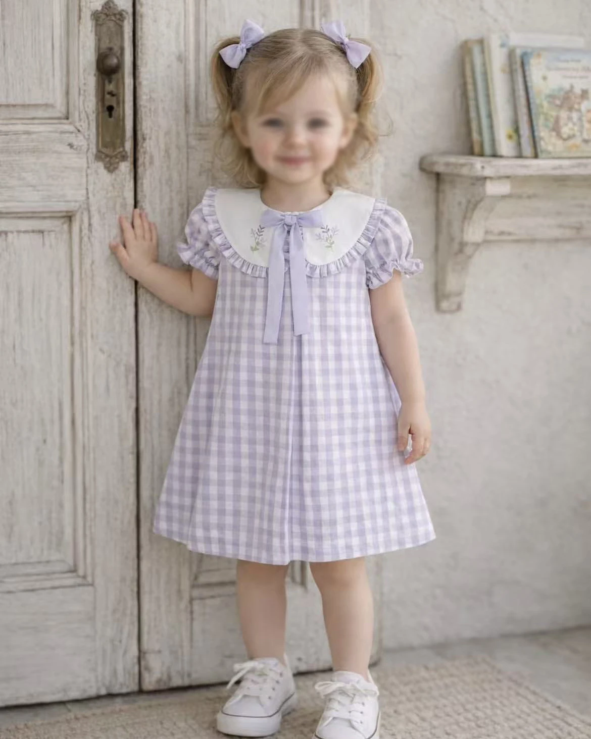 Baby Girl Summer Purple Plaid Dress Floral Embroidery for Casual Birthday Party Photography B704