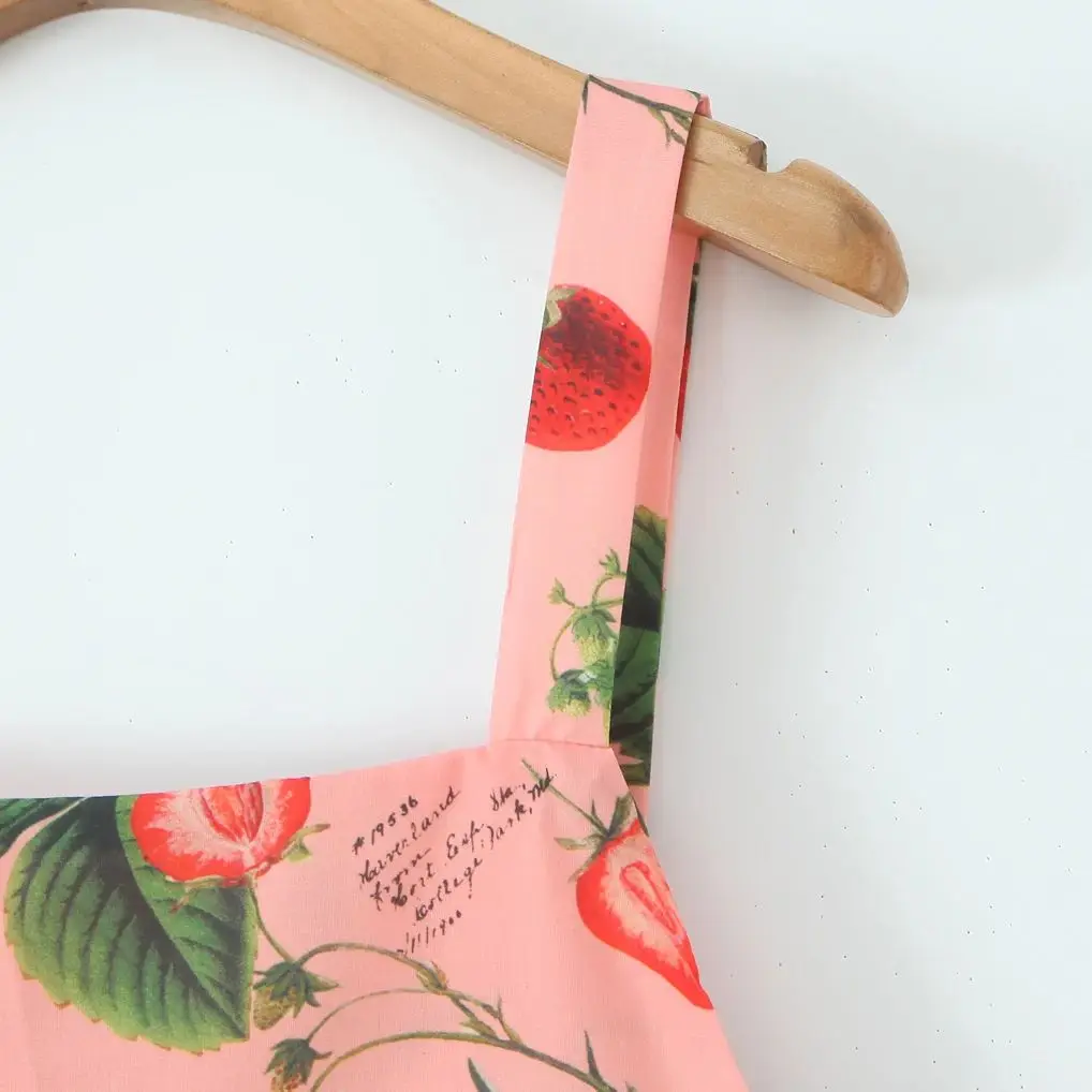 2025 مثير أوراق الفاكهة طباعة ساحة طوق التعادل القوس الظهر عارية الذراعين فستان قصير بدون أكمام المرأة مطوي ألف خط فساتين حبال قصيرة رداء