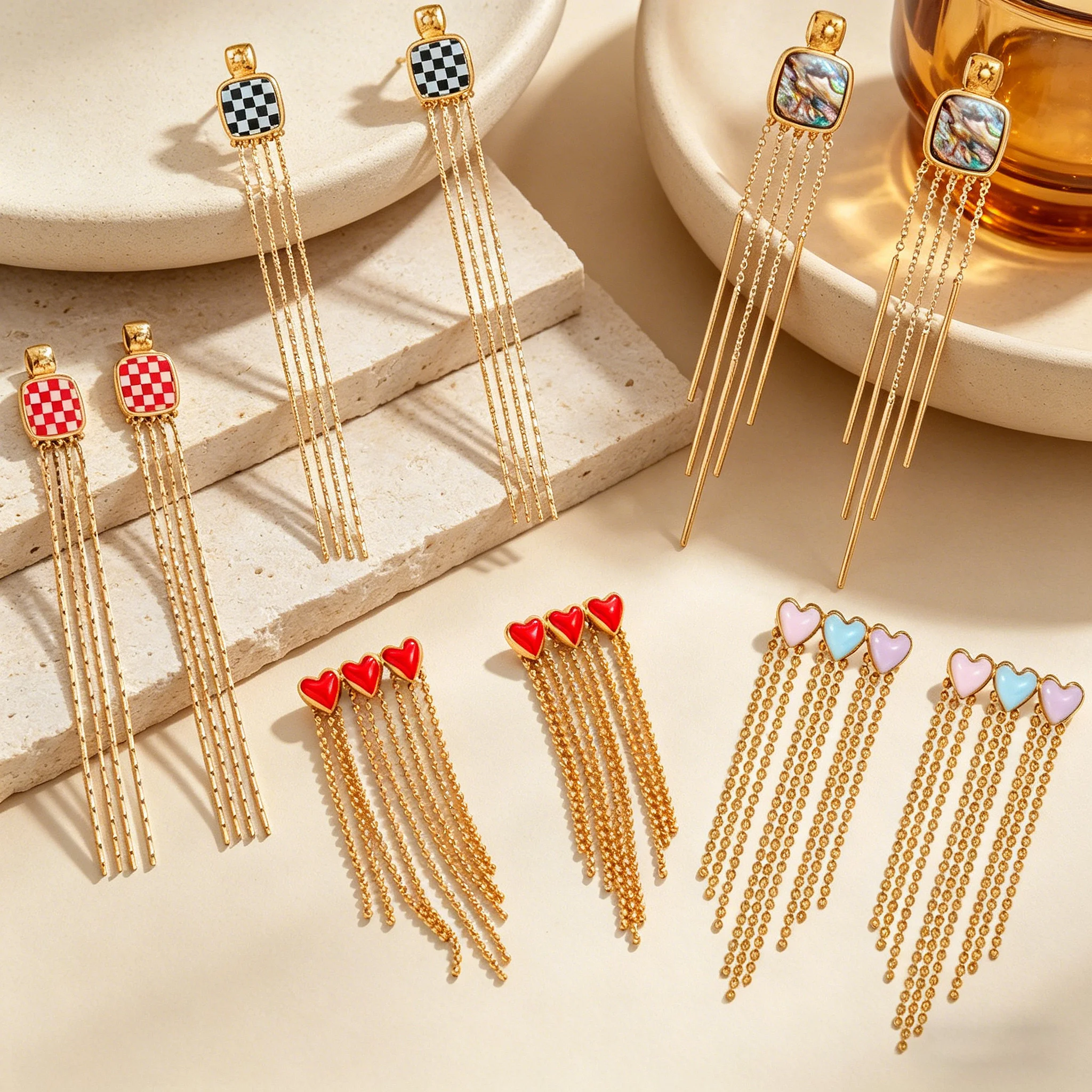 

New Fashion Checkerboard Shell Oil Drop Heart Tassel Earrings For Women Stainless Steel Earrings Sweet Joker Birthday Jewelry