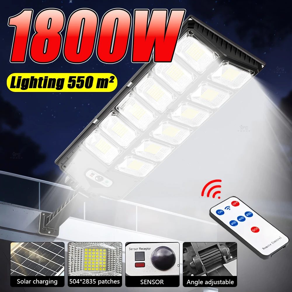 

1800W Powerful Solar Led Light Motion Sensor Solar Outdoor Lights 3Mode Remote Control Solar Street Wall Light Garden Decoration