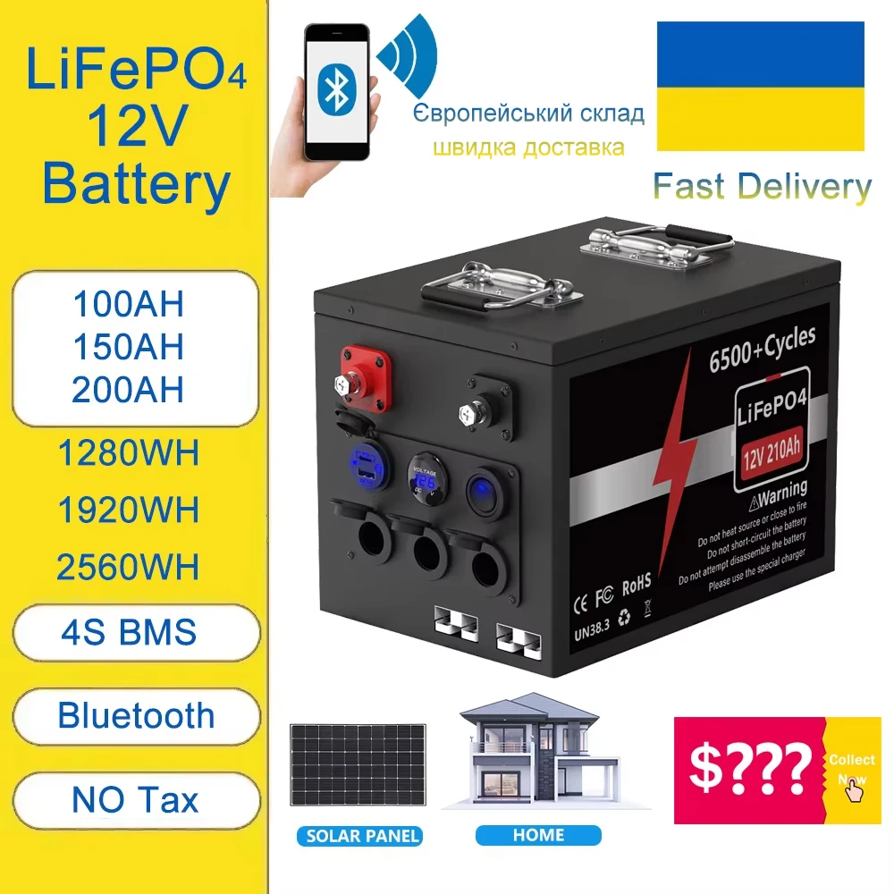 LiFePO4 12 В 100 Ач 150 Ач 200 Ач Bluetooth BMS 6500+ циклов LiFePO4 Аккумулятор 12,8 В Литиевая батарея QC3.0 EU UA АКЦИЯ