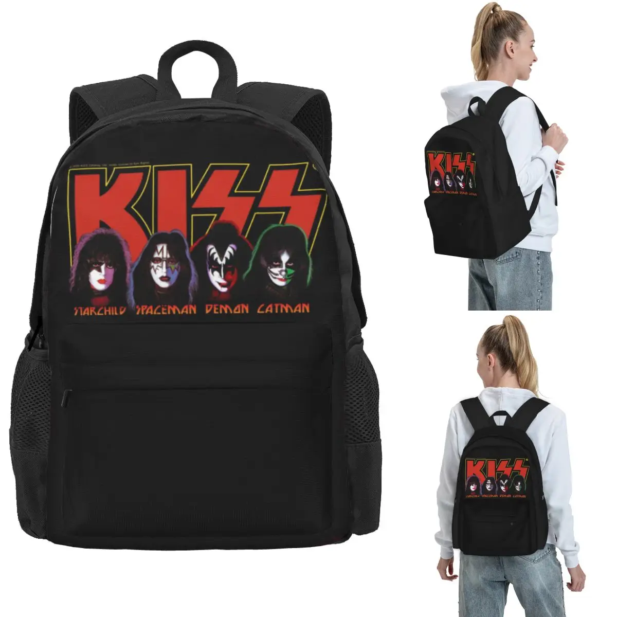 

Рюкзаки с логотипом группы KISS и членами, сумка для книг для мальчиков и девочек, детские школьные сумки большой вместимости, рюкзак для ноутбука, сумка на плечо