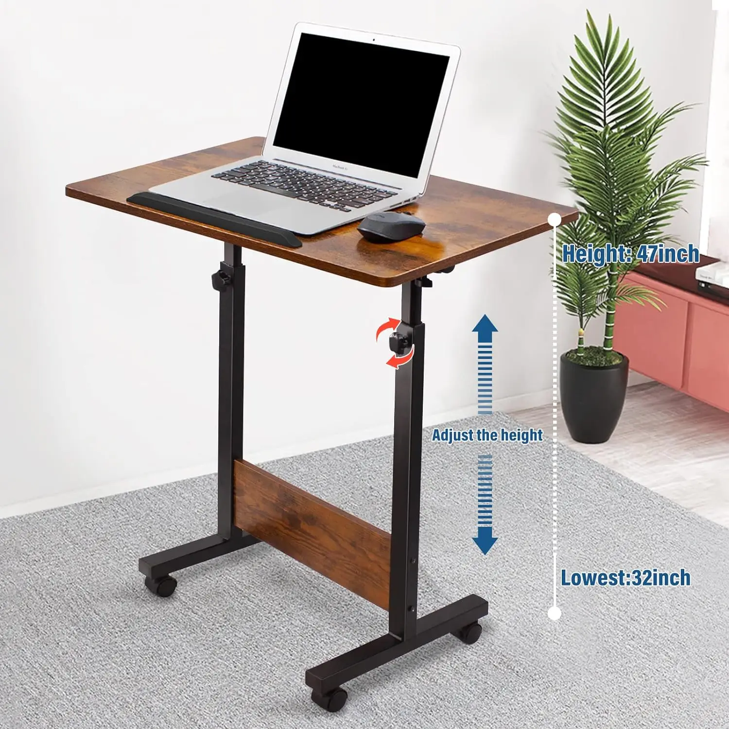 Adjustable Mobile Standing Desk Large 16×31 in, Rolling Computer Workstation with Lockable Wheels for Home Office, Only one