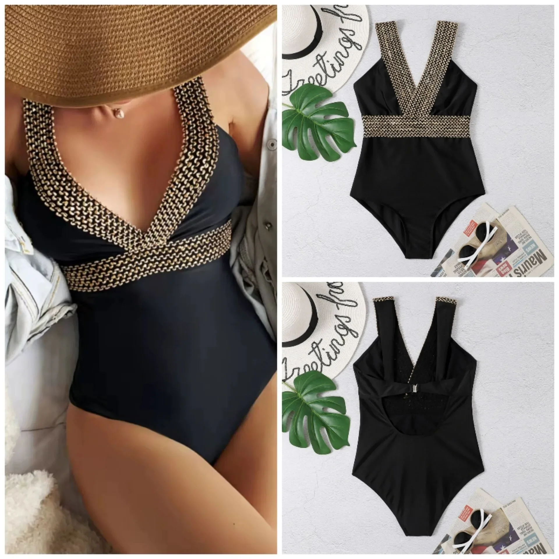 Black One Piece Swimsuit Women Criss Cross Swimwear Sexy High Cut Bodysuit  Deep V Backless Beachwear