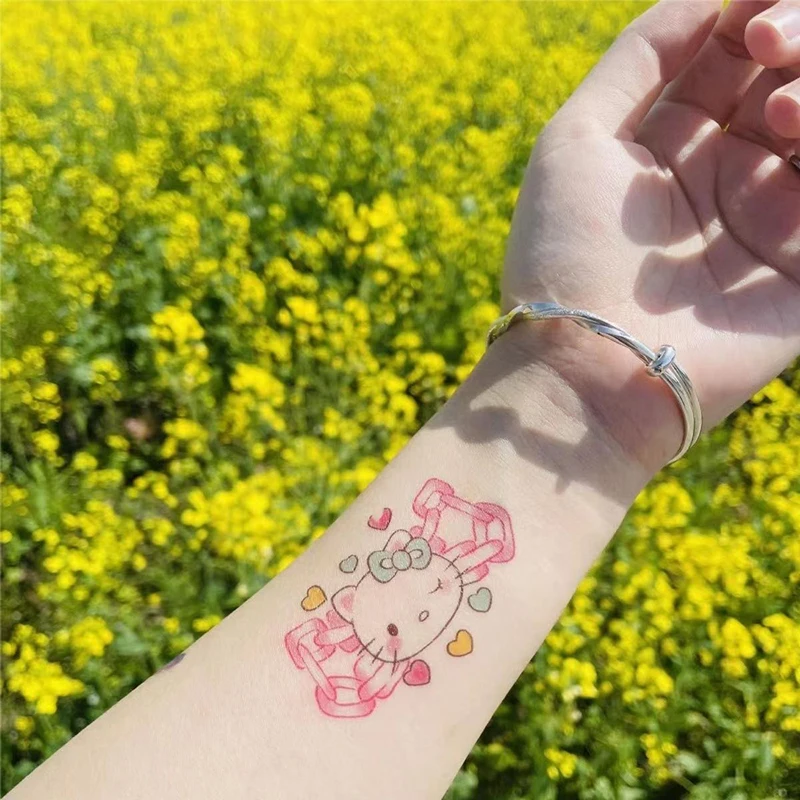 Hello Kitty Sanrio Kawaii Anime Summertime Waterproof Disposable Tattoo Sticker Cute Sweet Cartoon Flower Arm Decal Gifts Girls