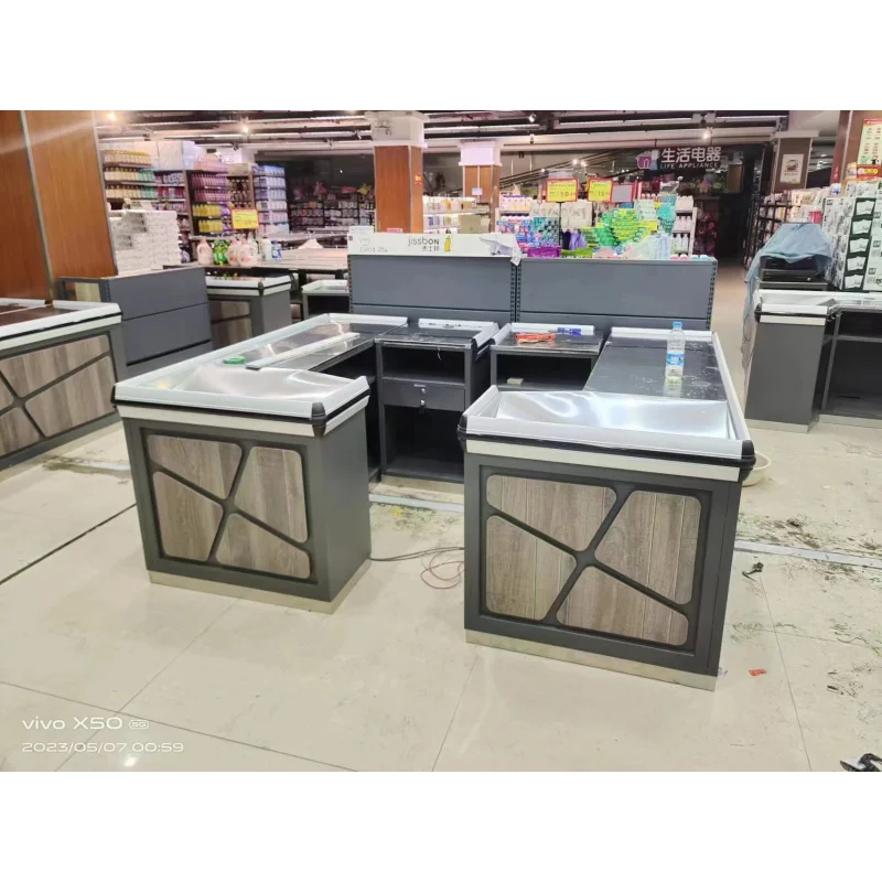 [Customized]Supermarket design retail checkout counter checkout counter in stock sale