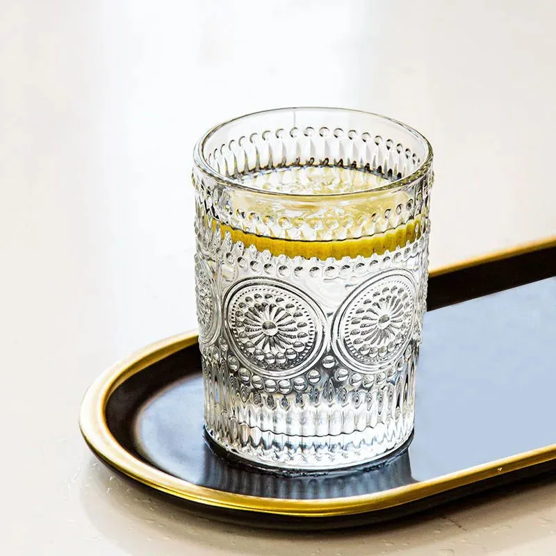 TOPLIVING 2pcs Set Glass Cups Embossed Design Tea Coffee Cups Thickened Heat Resistant Retro Transparent Tea Cup Nordic Style Ju