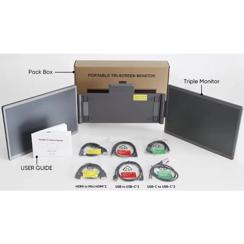 Best Seller SIBOLAN 14 Inch Triple Portable LCD Screen Monitor IPS 1920*1200P Dual Extender USB3.1 Type-C 60Hz Patent Design For