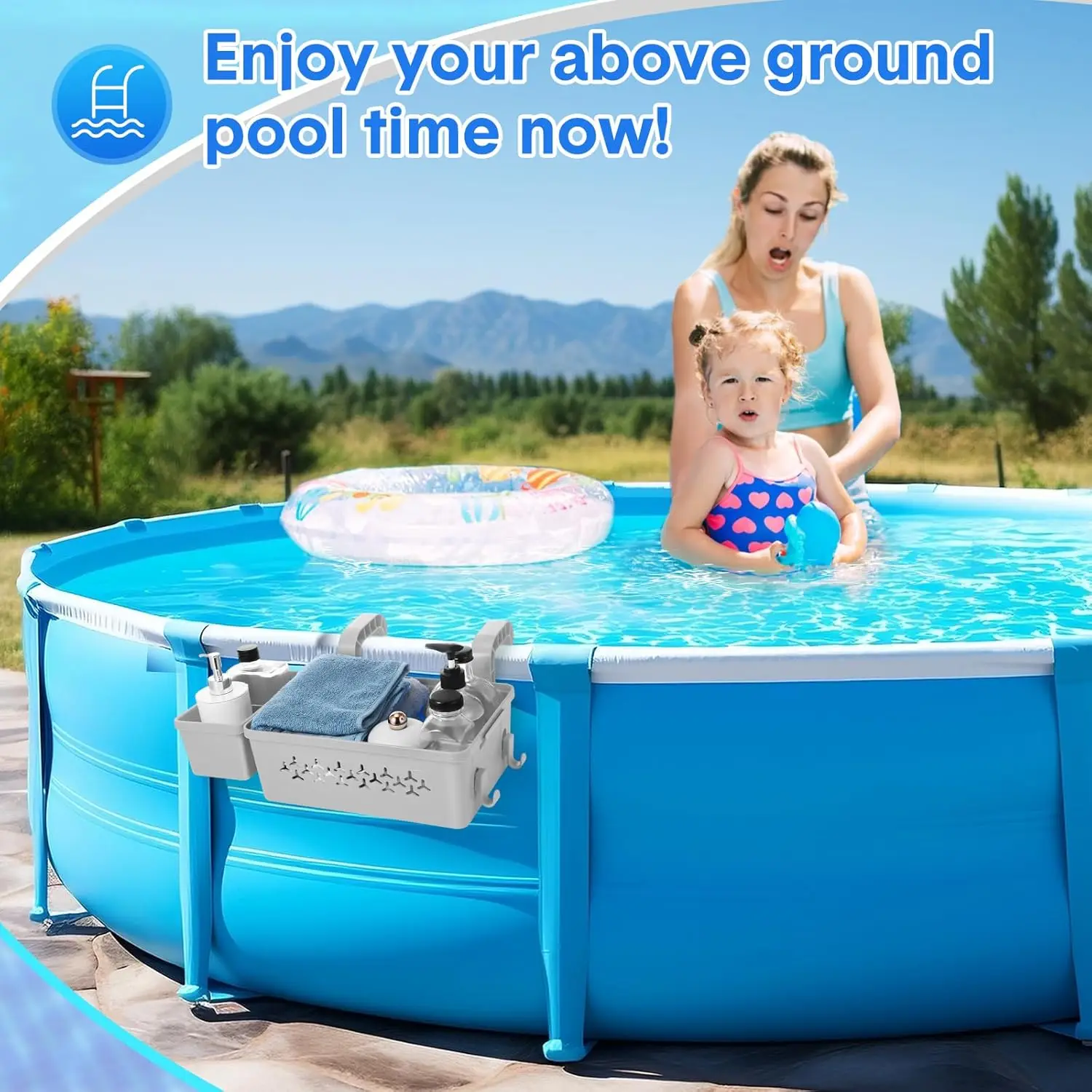 

Above Ground Pool Storage System Basket with Dual Cup Holders Towel Shelf Organizer Poolside Swimming Accessories