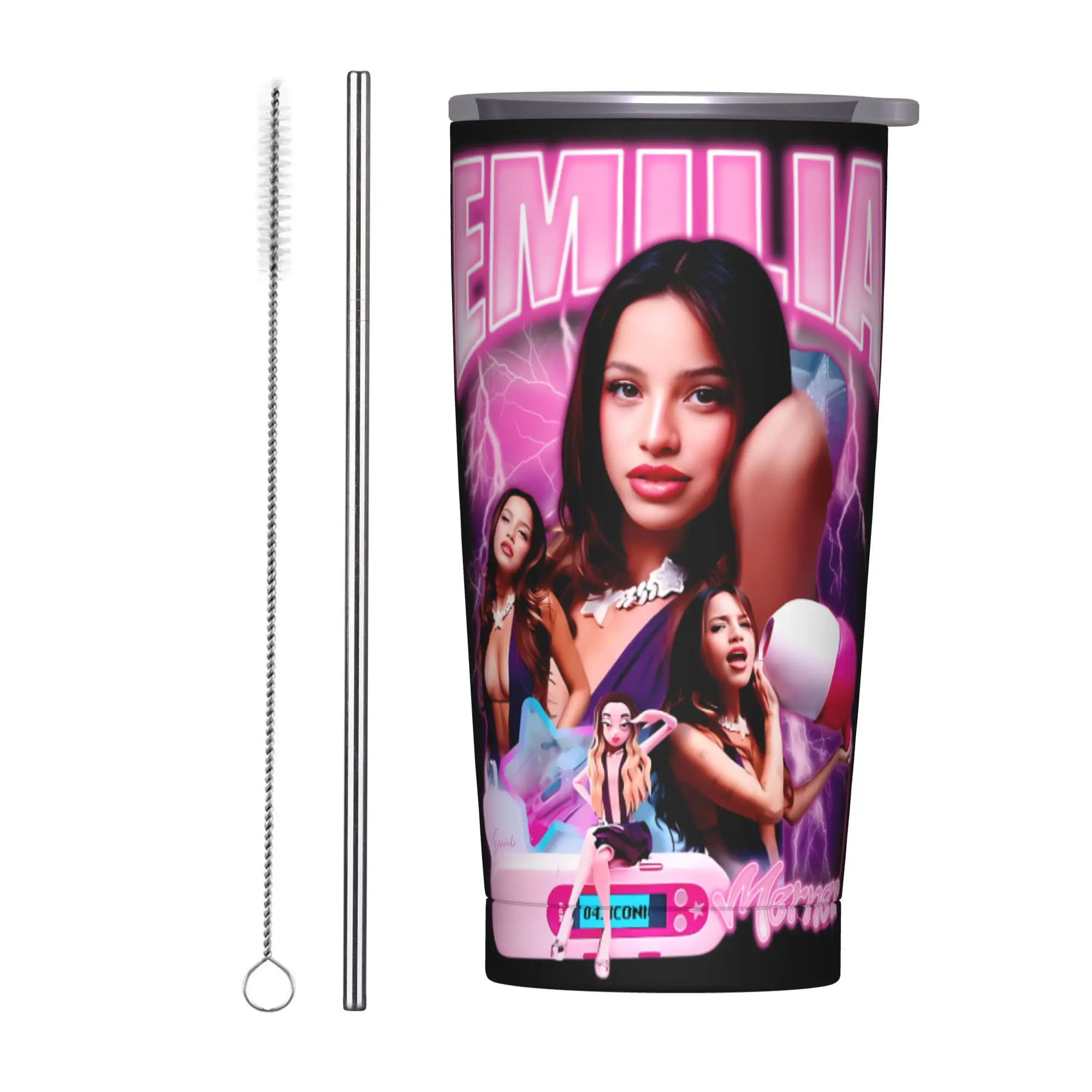 

Термокружка Singer Emilia Mernes MP3 с крышкой, соломинкой и бирками, вакуумная, термос-бутылка с двойными стенками, непроливаемая, 20 унций