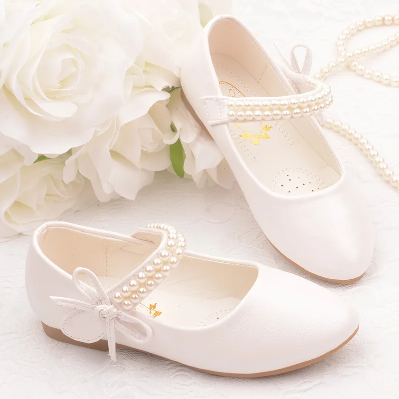 Spring New Girls Leather Shoes Children's Flat White Shoes Girls Flower Pearls Girls School Party Dress Shoes Boat Shoes