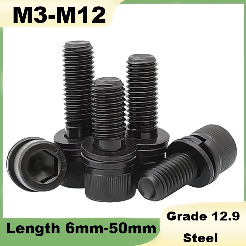 Allen Hexagon Hex Socket Cap Head SEM Screw M3 M4 M5 M6 M8 M10M12 Black Grade 12.9 Steel Flat Washer Spring Gasket Assemble Bolt