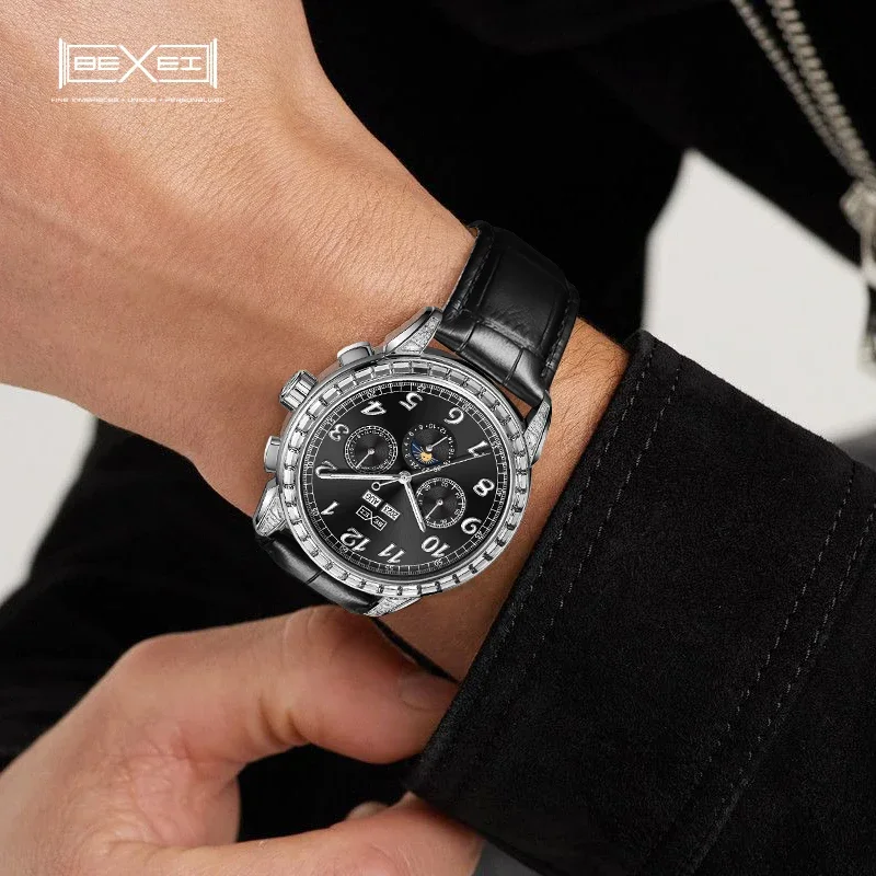 BEXEI 2025 年月日日 24 時間表示機械式自動巻きムーブメント 38 ジルコンベゼルマンウォッチサファイアビジネススタイル