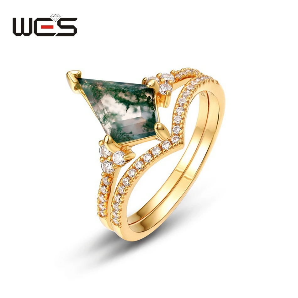 WES 925 Silver Kite Cut Unique Natural Moss Agate Crown Gold Ring Set for Woman 7*11mm Wedding Engagement Gift Dainty Jewelry