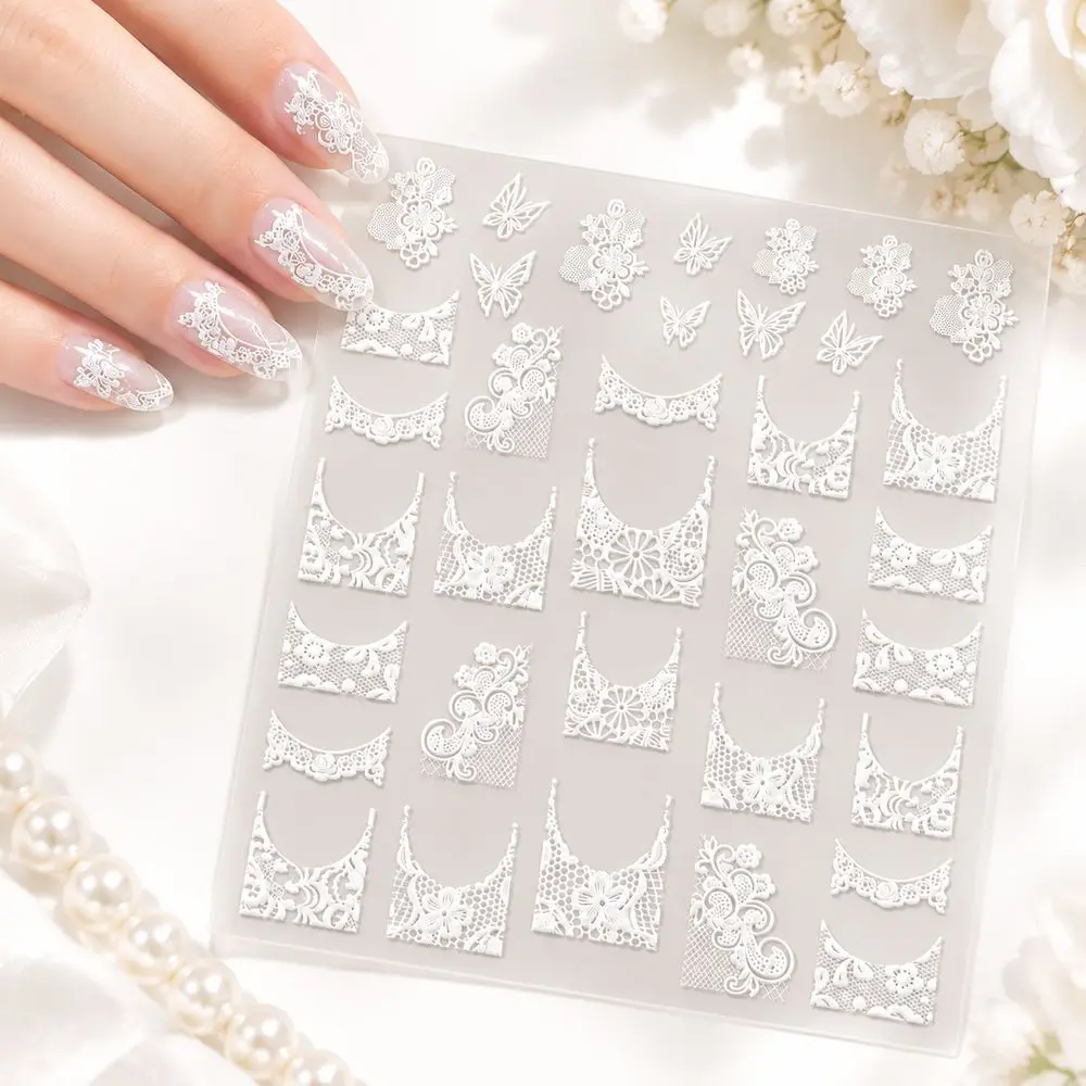 Sheer White Lace Nail Decals Butterfly Flower 5D Embossed Self Adhesive Stickers Pure Desire Wedding Party Nail Art Decor Set