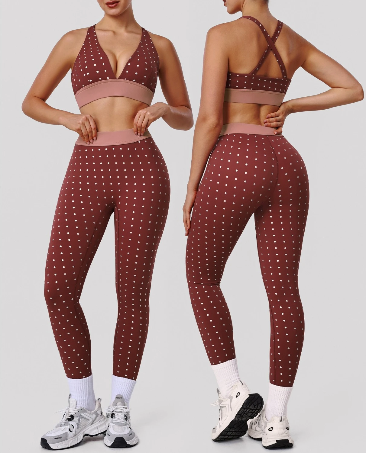 

Комплект для йоги и фитнеса: спортивный бюстгальтер пуш-ап с принтом в горошек и компрессионные леггинсы из эластичной ткани с 4-сторонним растяжением, влагоотводящие