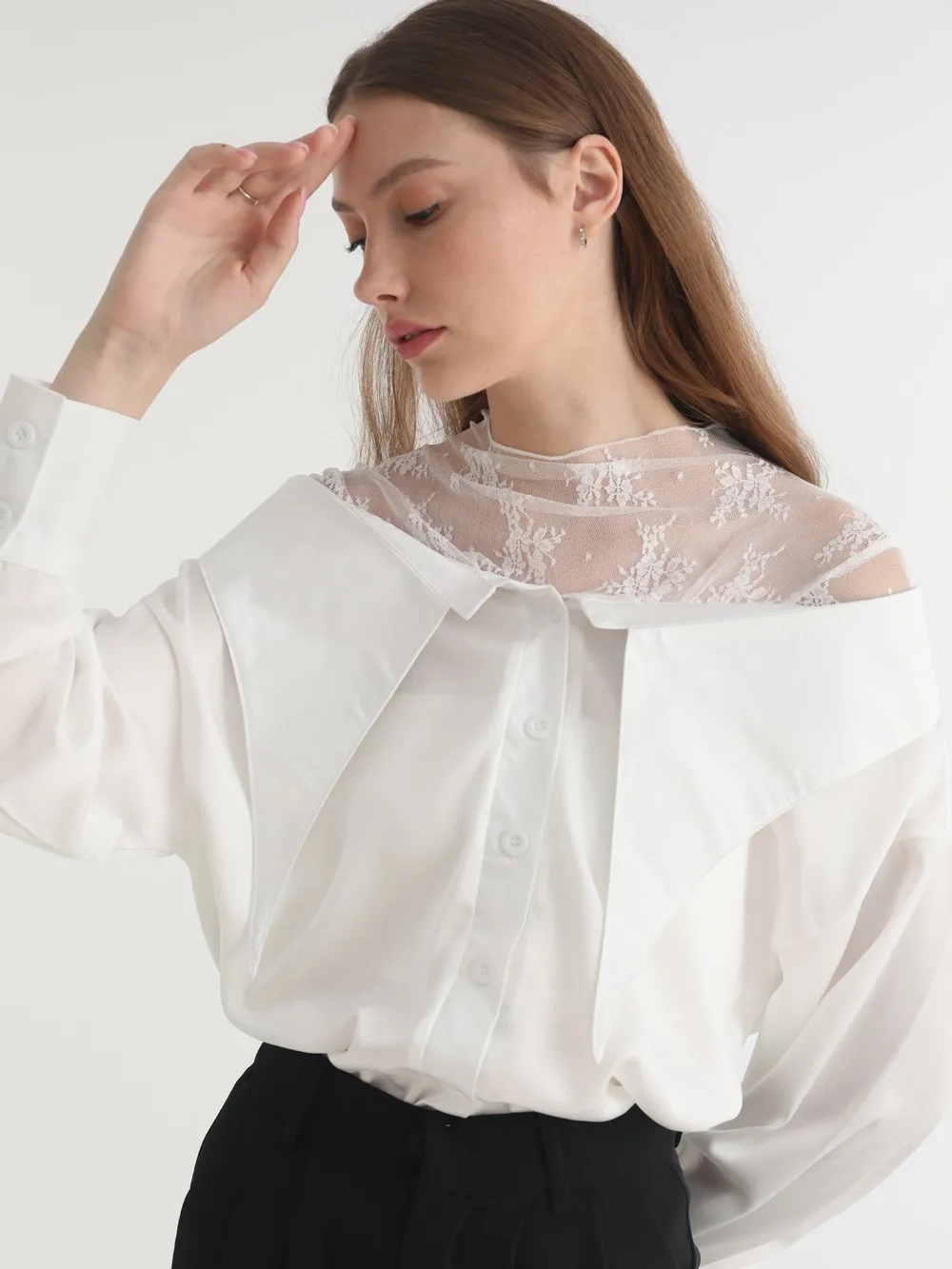 Getspring Women Shirt Asymmetry Lace Patchwork White Blouse Long Sleeve Fake Two Color Matching Casual Shirt Tops 2024 New