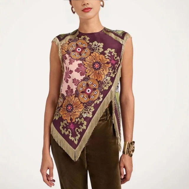 Fashion Floral Print Top With Fringe Trim For Women Vintage O-neck Sleeveless Asymmetric Hem Satin Blouse Lady 2026 Chic Tops