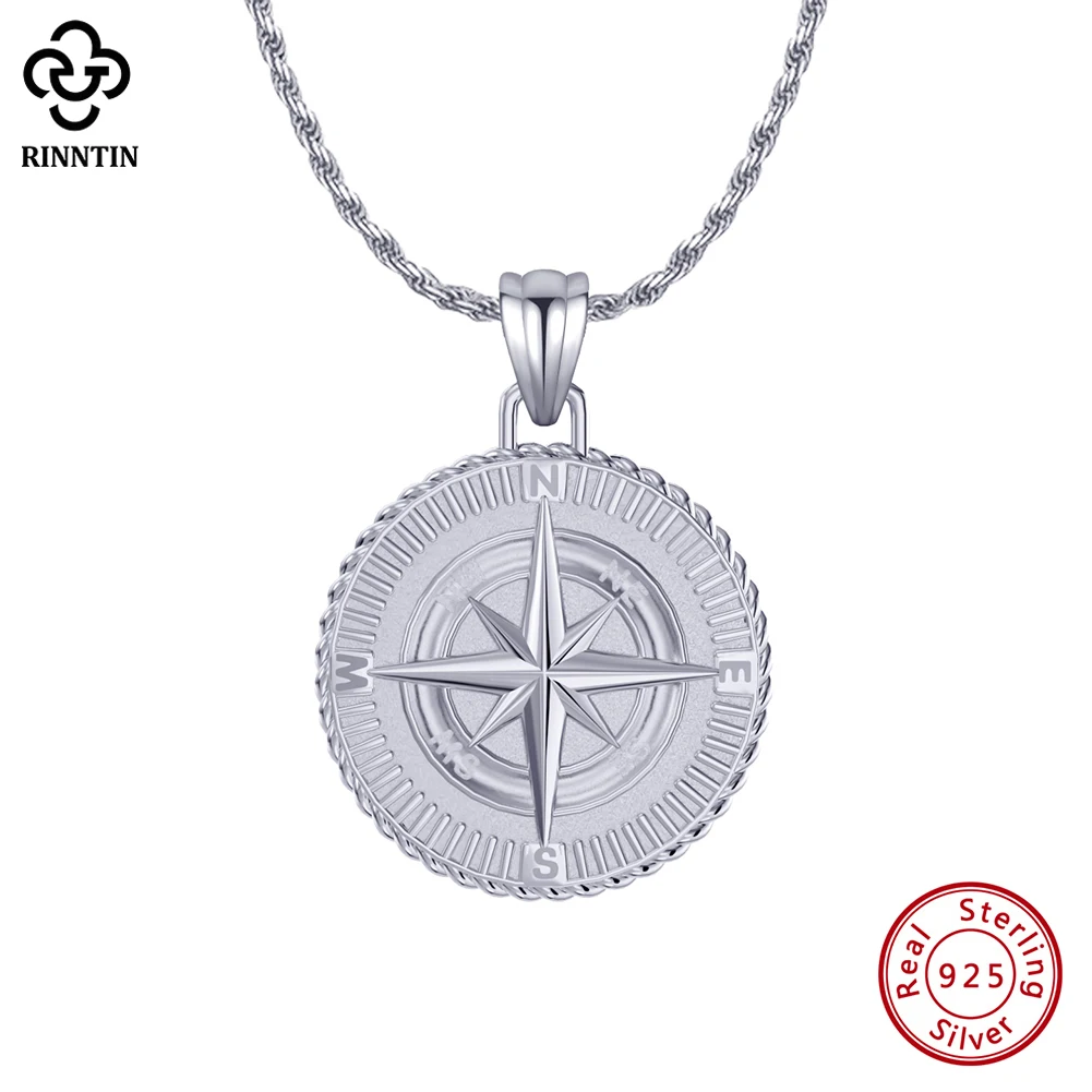 Rinntin 925 Sterling Silver Compass Viking Pendant for Men Women Pure Silver Fashion Travel Talisman Necklace Jewelry Gift NMN02