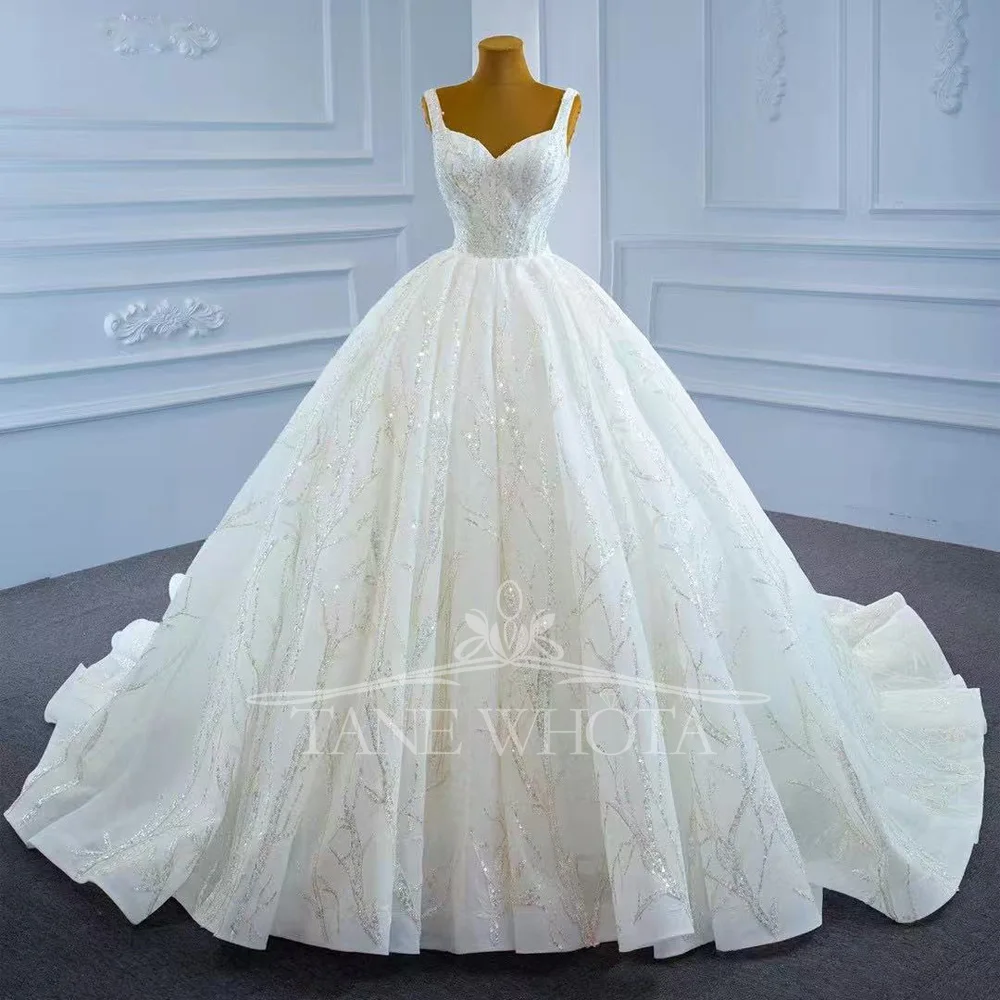 Gorgeous Spaghetti Straps Sleeveless Lace Up Back Wedding Dress Sequined Customized Ball Gown