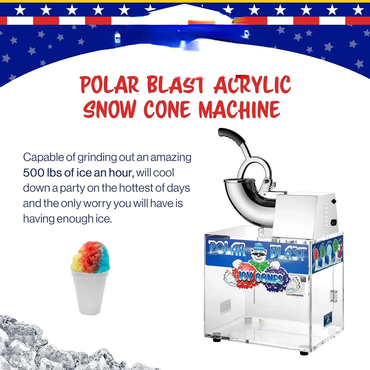 Great Northern Popcorn Polar Blast Snow Cone Machine Acrylic Crushed Maker Grinds Up to 500lbs of Ice Per Hour for Parties,