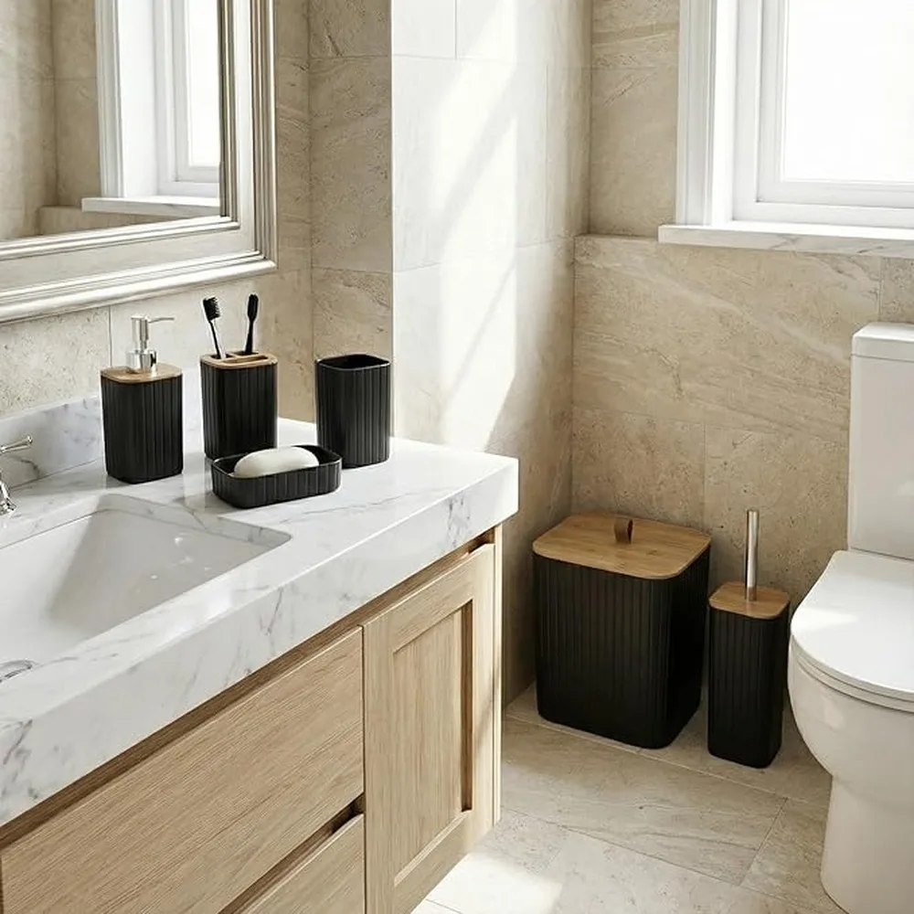 Durable Black Bathroom Accessories Set With Natural Wood Accents Providing Effortless Cleaning