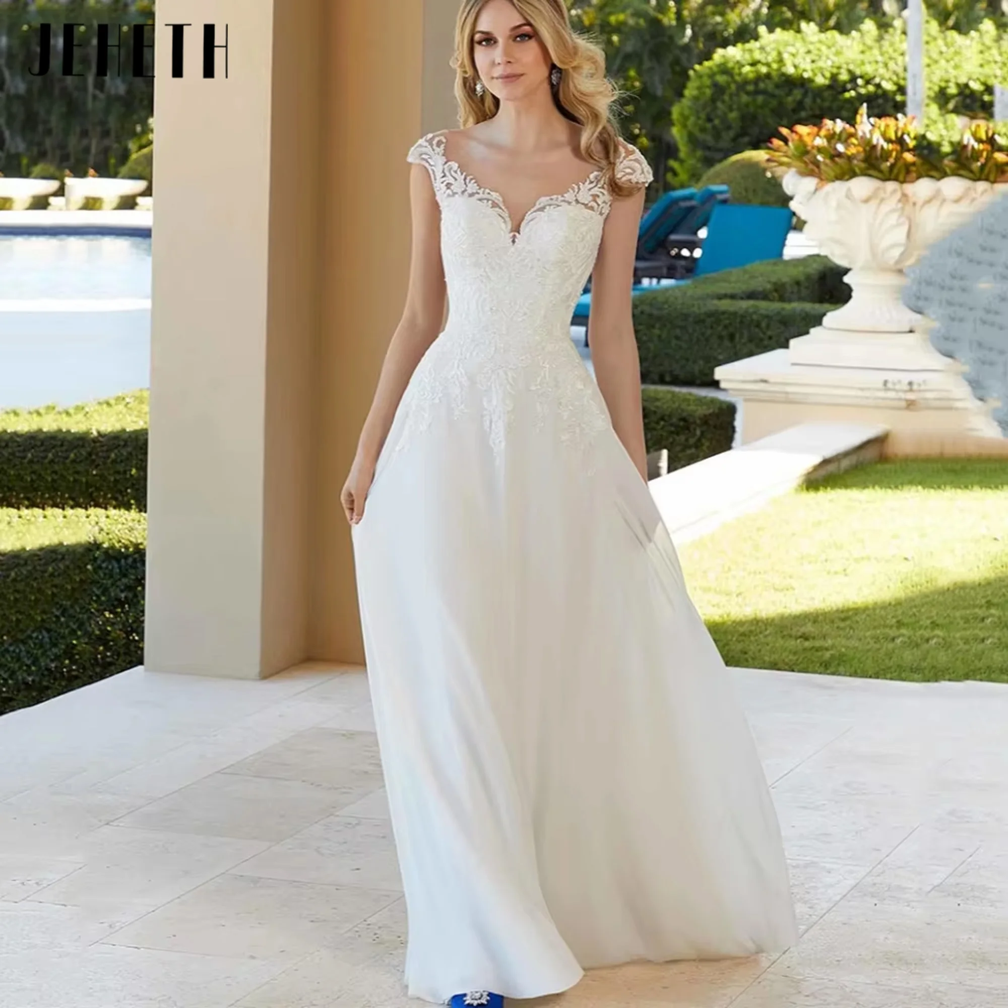 

JEHETH Elegant V-Neck Wedding Dresses Cap Sleeves Bridal Gowns A-Line Bride Robes Applique Luxury New Robe De Mariée Customized