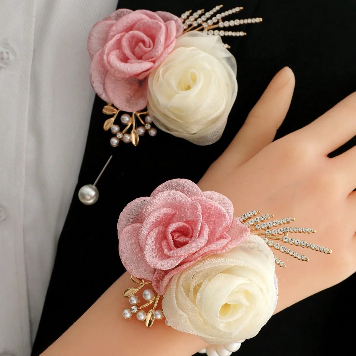 Wedding Wrist Corsage & Boutonniere Set, Elegant Artificial Flower Bracelet for Bridesmaid Groom Prom Party Decor
