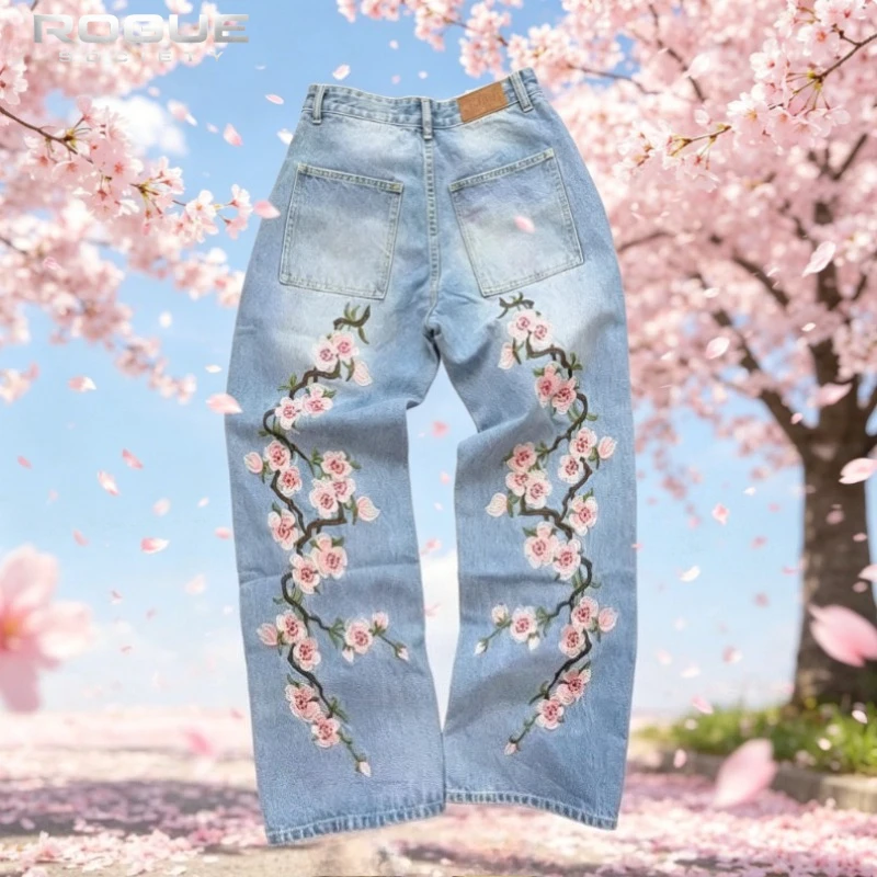 Embroidery Jeans Sakura - 새로운 Y2K 아메리칸 레트로 사쿠라 자수