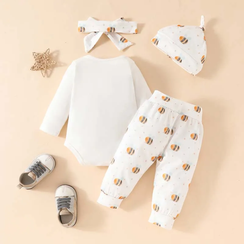 Newborn Baby Clothing Infant Baby Girl Sets Cute Bee Letter Printed Long Sleeve Onesies+Trousers+Hat+Hairband 4Pcs Outfits