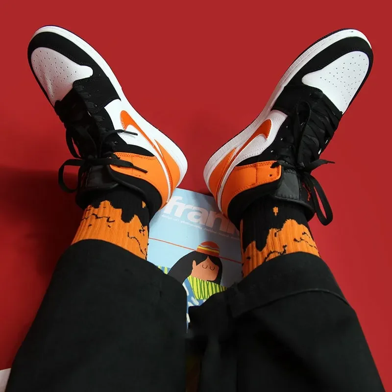 black powder green buckle broken orange flame basketball sports couple male mid-pass socks