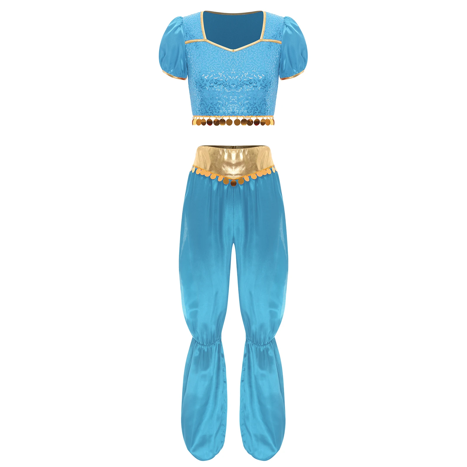 Women Arabian Arab Princess Costume Belly Dance Outfit Cosplay Halloween Party Sequins Top + Pants for Dance Performance Suit