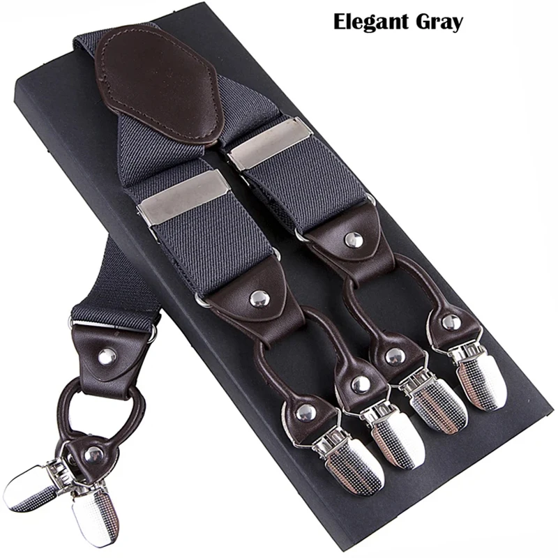 Fashion Suspenders Leather Alloy 6 Clips Braces Male Unisex Vintage Casual Leather Suspensorio Trousers Strap Husband's Gift