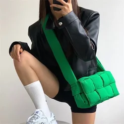 Women Nylon Shoulder Bag Square Woven Grid Crossbody Package Soft Down Winter Bag Ins Fashion Girls Green Blue Black