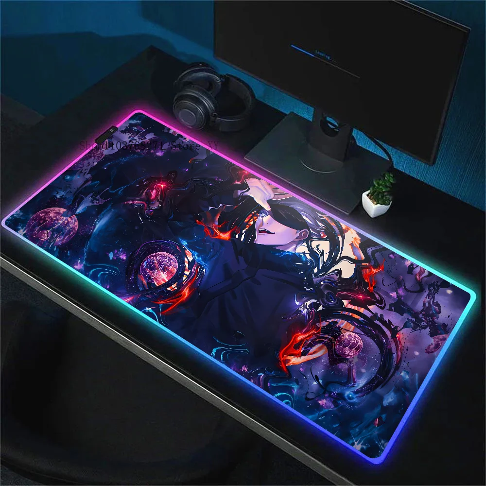 Anime Jujutsu Kaisen Gojo Satoru Mousepad XXL RGB Gaming Mouse Pads HD Black Gamer Accessories Large LED