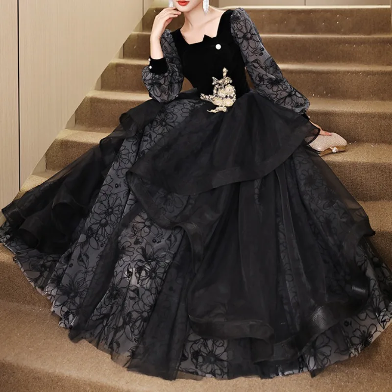 CustomizedFrench Style Balck Formal Evening Dress Women Square Collar Long Sleeve Prom Gown Party Banquet Tiered Tulle Formal Dr