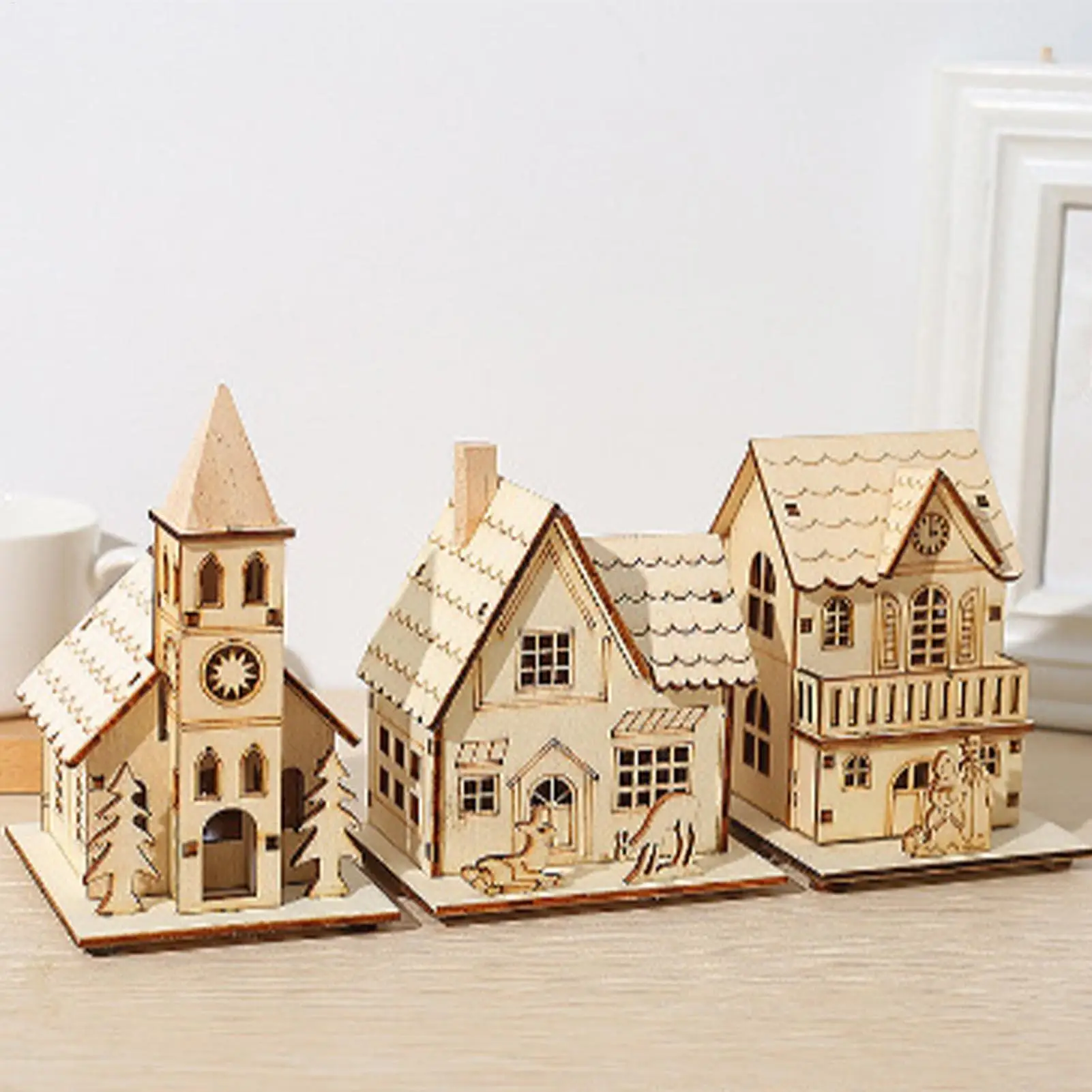 Christmas Decorations Christmas LED Light Wooden House Luminous Cabin Table Ornaments Night Lamp for Home New Year Kids Gifts
