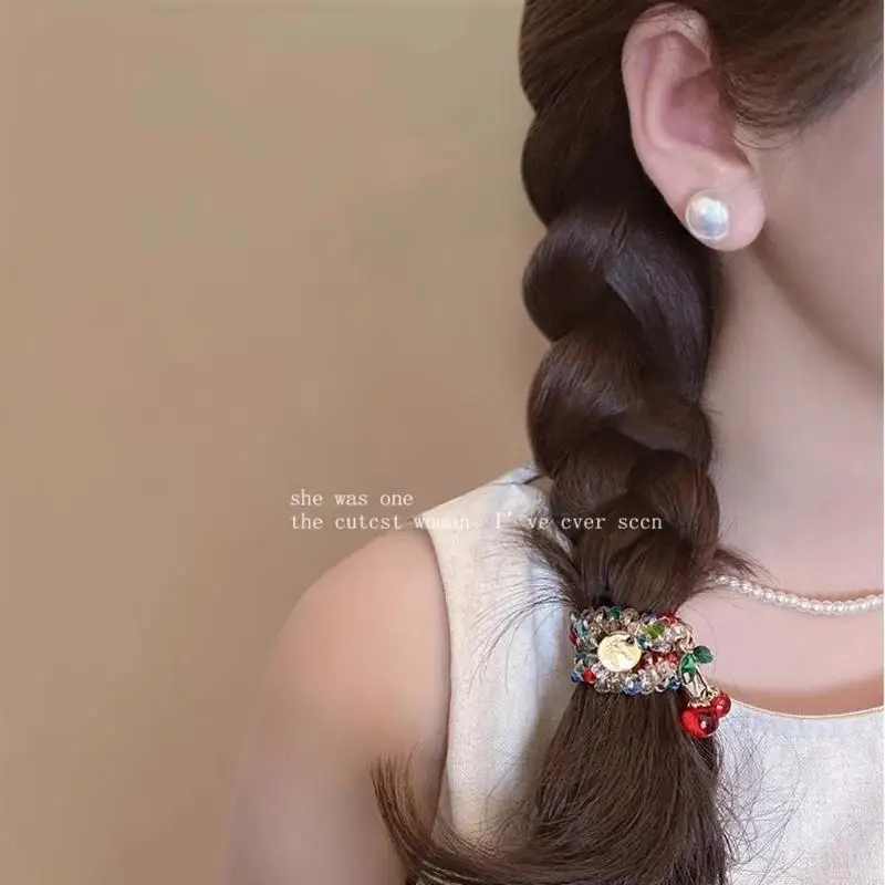 

Cherry Hair Tie Bracelet Fashionable Metal Hair Band with Rhinestones Detail for Women Teen Girls Present
