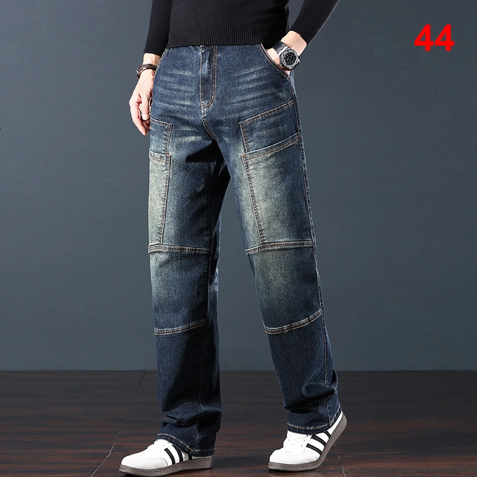 

Vintage Moto Biker Jeans Men 44 Plus Size Multi-pocket Cargo Denim Pants Fashion Casual Baggy Jeans Pants Big Size
