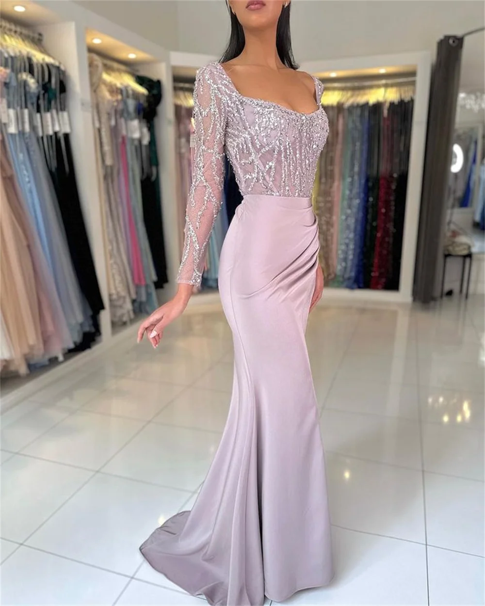 Amanda Lavender Beaded Prom Gown Mermaid Satin Evening Formal Elegant Long Sleeves Floor-length Heart Shaped Neck Party Dresses