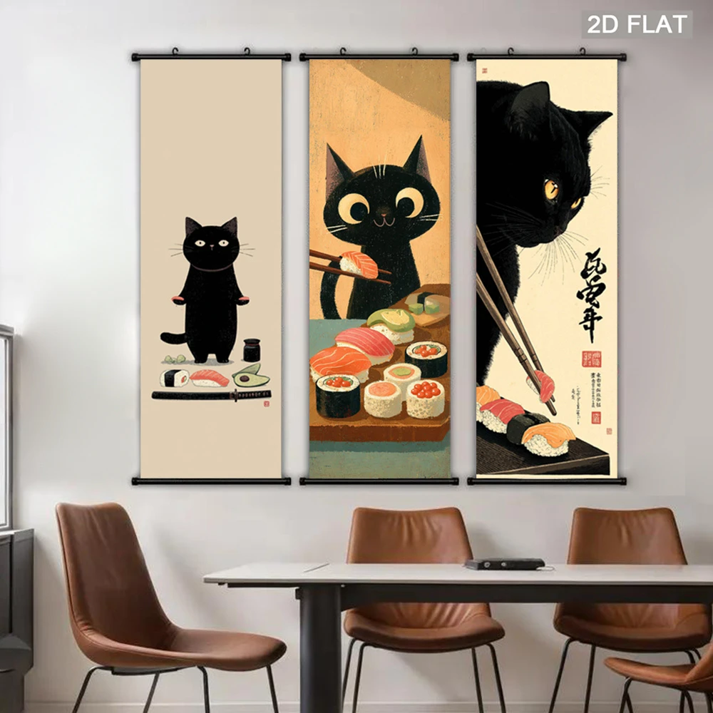 Cute Black Cat Sushi Wall Scroll Tapestry, Japanese Cartoon Kitten Art, Wall Mounted Fabric Poster, Kitchen Dining Room Decor