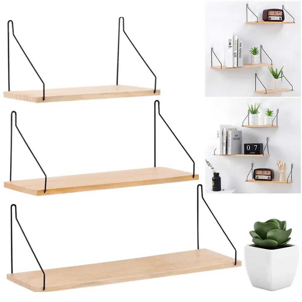 Floating Wall Shelf Decorative Wooden Storage Rack with Metal Brackets Modern Wall Shelf Multifunction for Kitchen Living Room