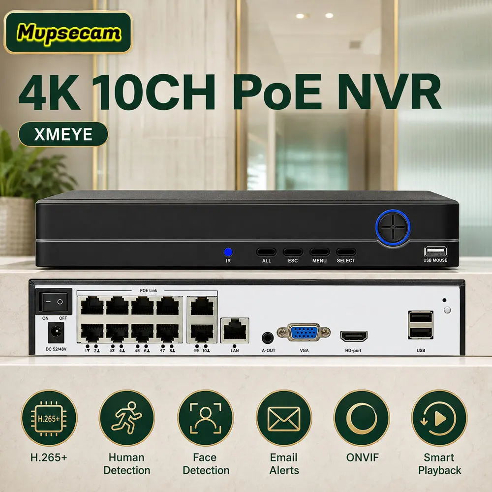 H.265 4K 8CH 10CH POE NVR For IP Security Surveillance Camera CCTV System XMEYE Face Detection 8MP 4CH Network Video Recorder