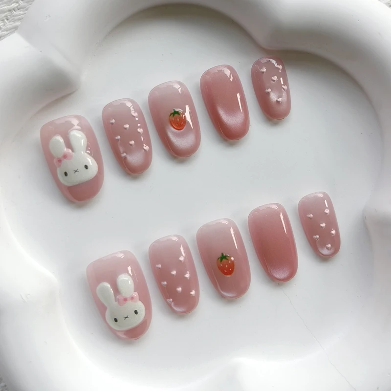 10 Stück Niedliche 3D Polka Dot Hasen Neue Katzenaugen Nagelkunst Kurze Mandel-Form Liebliche Erdbeer-Kaninchen Wiederverwendbare Nagelaufkleber Aufklebbare Nägel – Detail 13