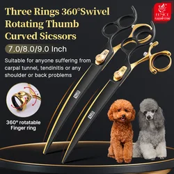 Fenice 7.0/8.0/9.0 Inch Pet GroomingThree Holes 360°Swivel Rotating Thumb Curved Scissors Black&Gold Dog Beauty Shears