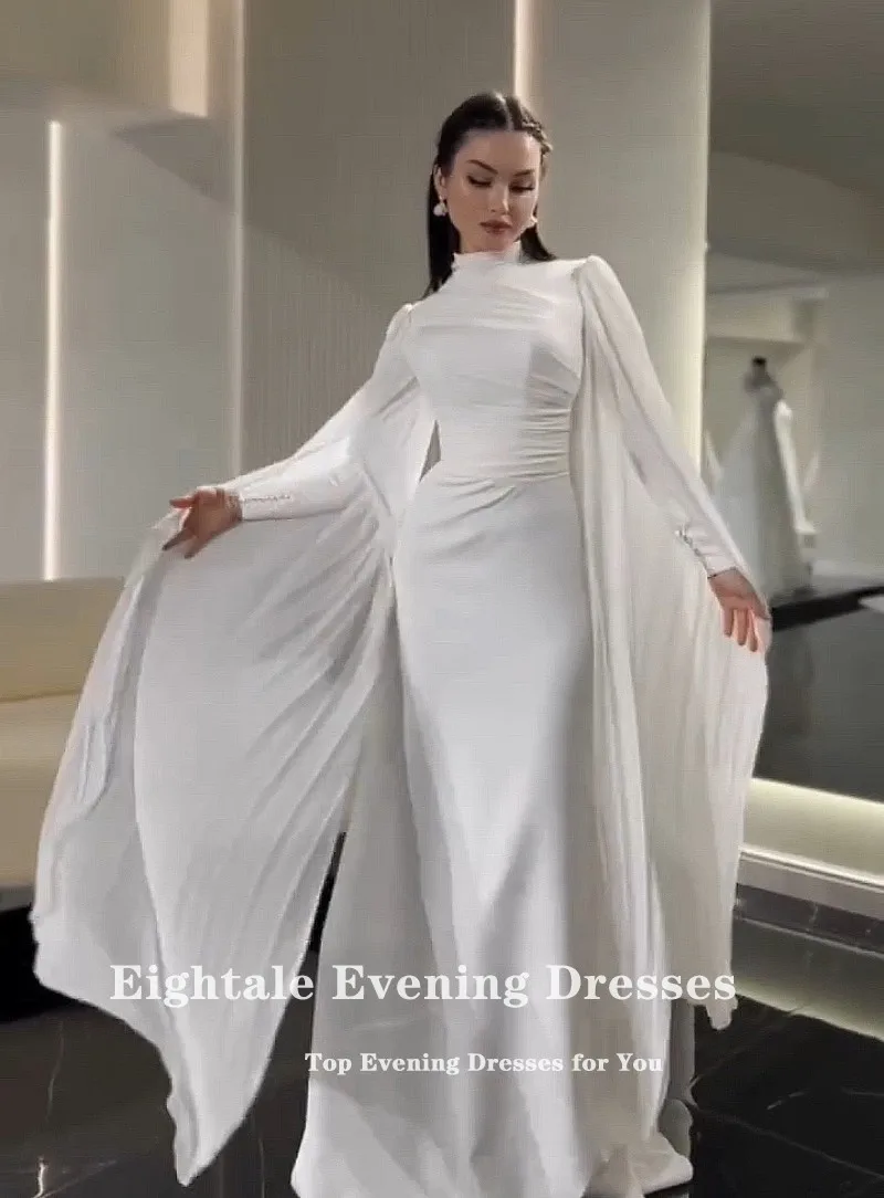 Eightale Arabic Wedding Dress Customized High Neck Pleats Mermaid Long Sleeves Cap Satin Muslim Bridal Gown Vestidos De Novia