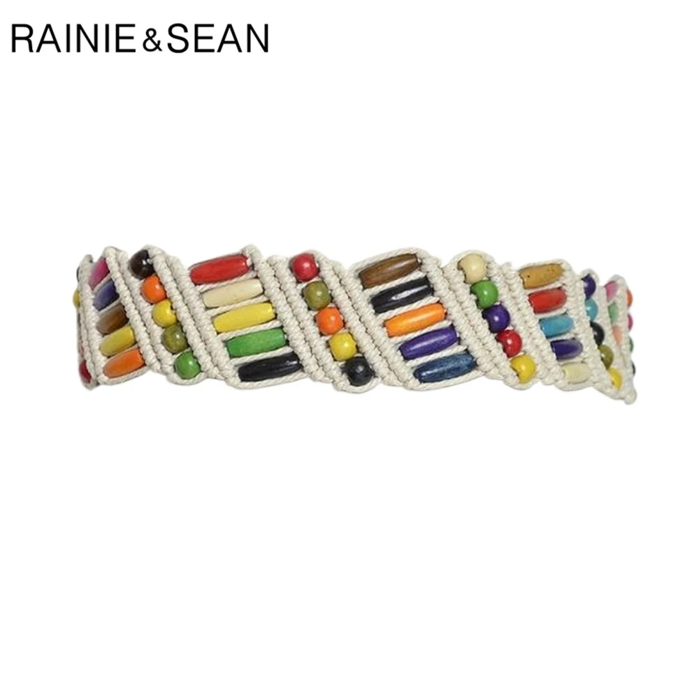 

RAINIE SEAN Beige Ladies Waist Belt for Dress Braided Womens Belt Ethnic Colourful Wooden Bead Belts Women Handmade Wide Strap