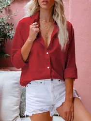 Women Solid Color Loose Shirt Tops Fashion Summer Linen Casual Shirt Femme Long Sleeve Blouse Korean Office Lady Clothes