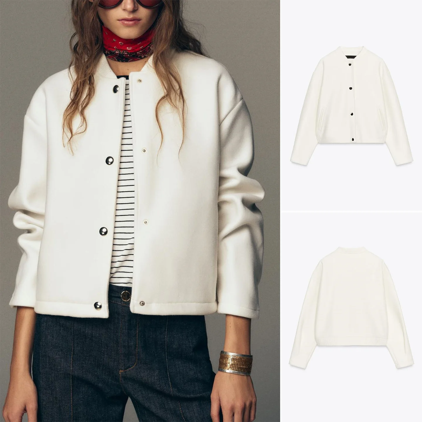 

Fall Women's Simple Sle round Ne Long Sve Gold Button Soft Pilot Jaet Coat Casual Faion Polyester Fiber Zipper Clo...